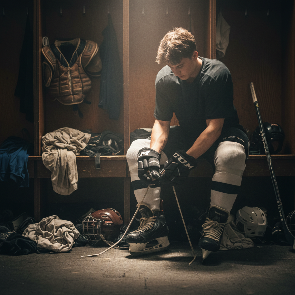 Hockey player lacing up skates in a locker room