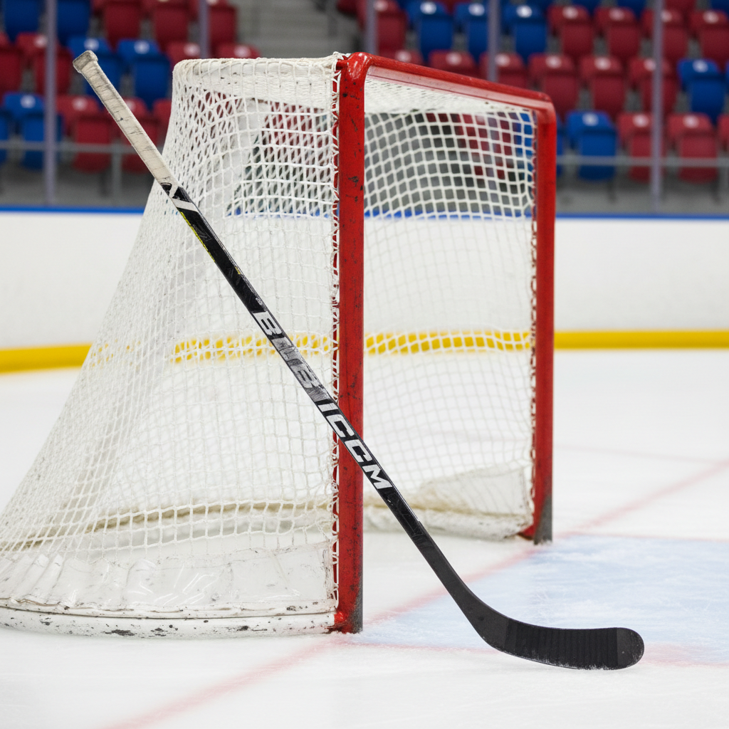 Women's hockey stick leaning against a net