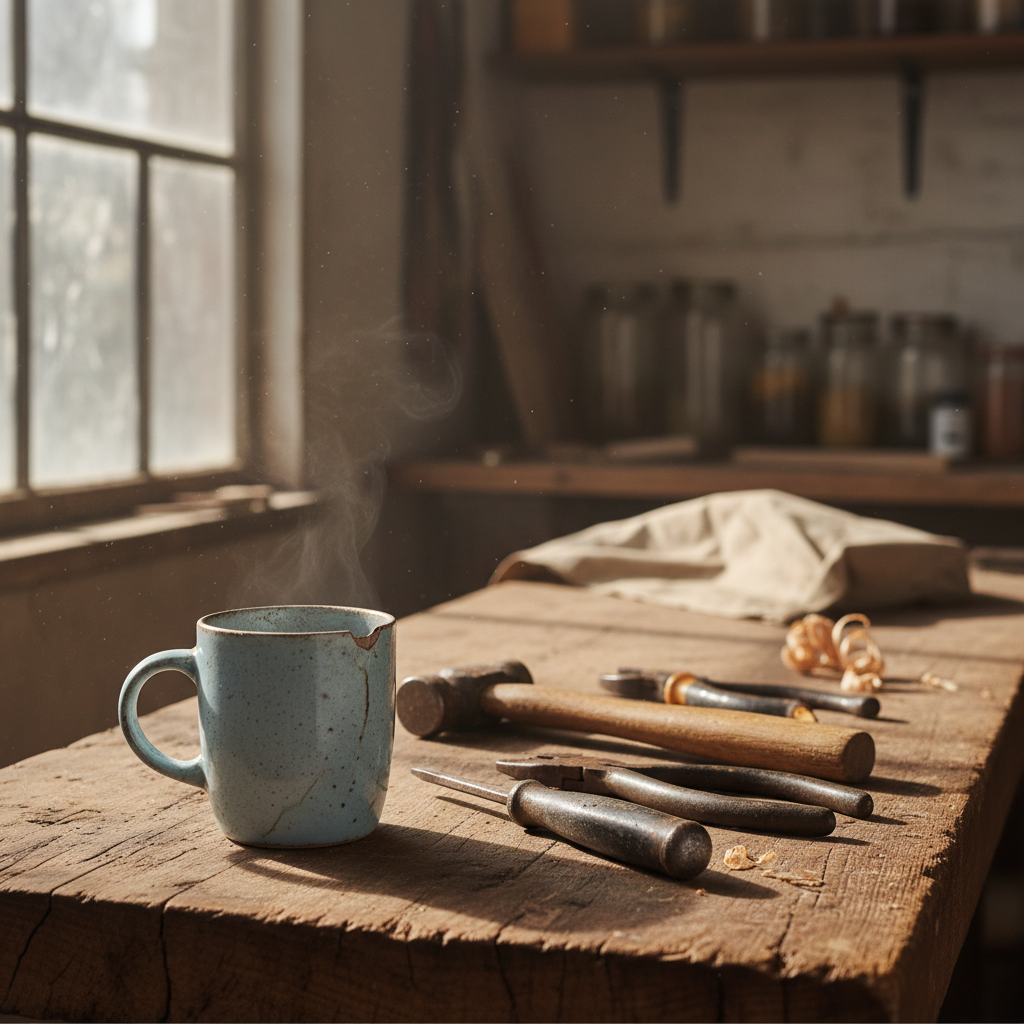 Coffee mug and tools on a workbench