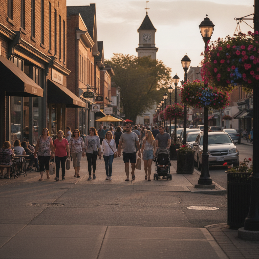 Street view of Burlington, Ontario with people walking, reflecting a safe environment.