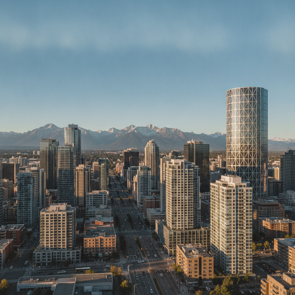 Calgary skyline with mountains in the background, conveying a sense of open and safe urban space.